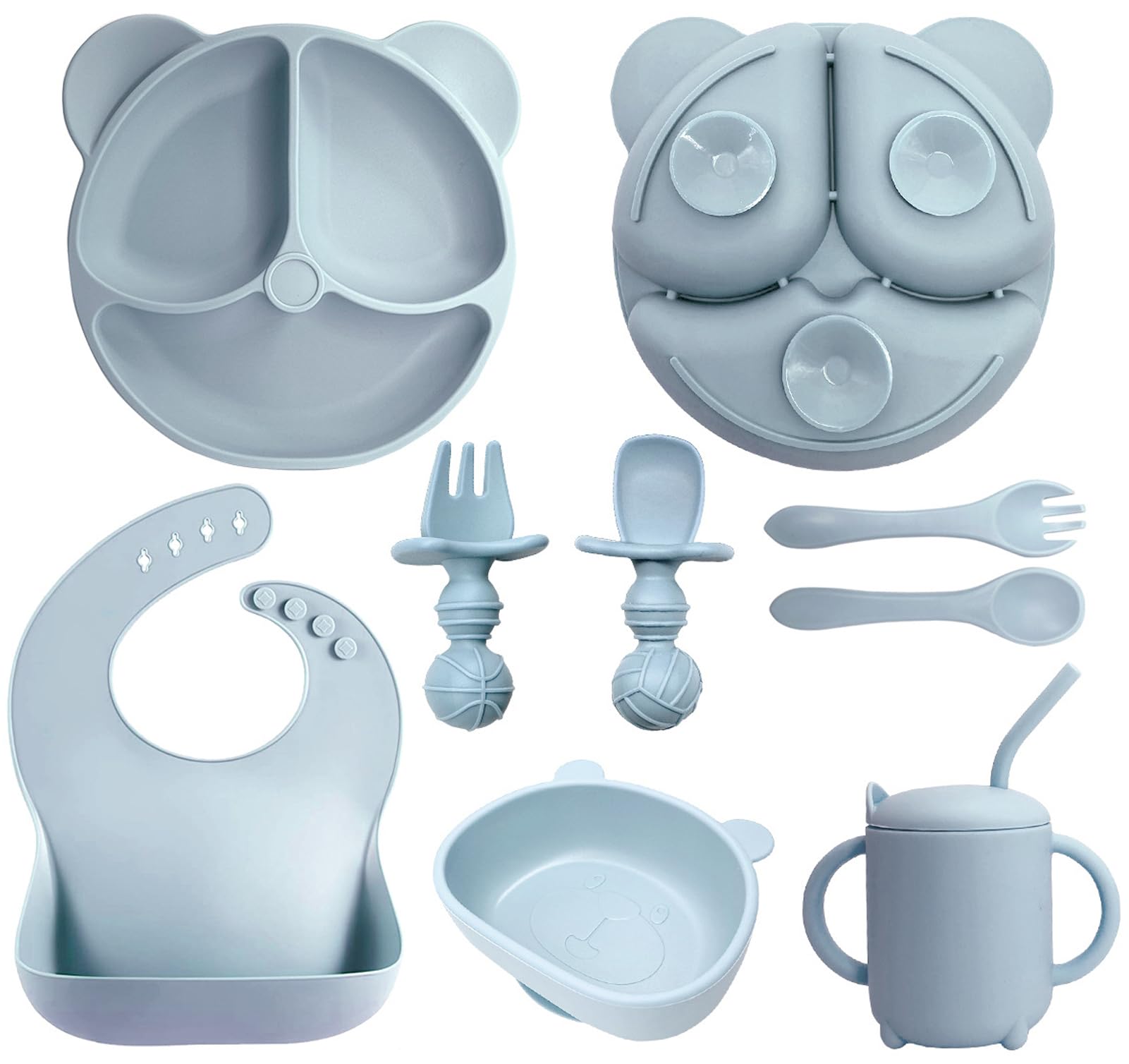 U-HOOME Silicone Baby Feeding Set, Baby Weaning Feeding Supplies with Suction Bowl,Toddler Self Feeding Dish Set with Spoons Forks Sippy Cup Adjustable Bib, Eating Utensils for 6+ Months (Blue)