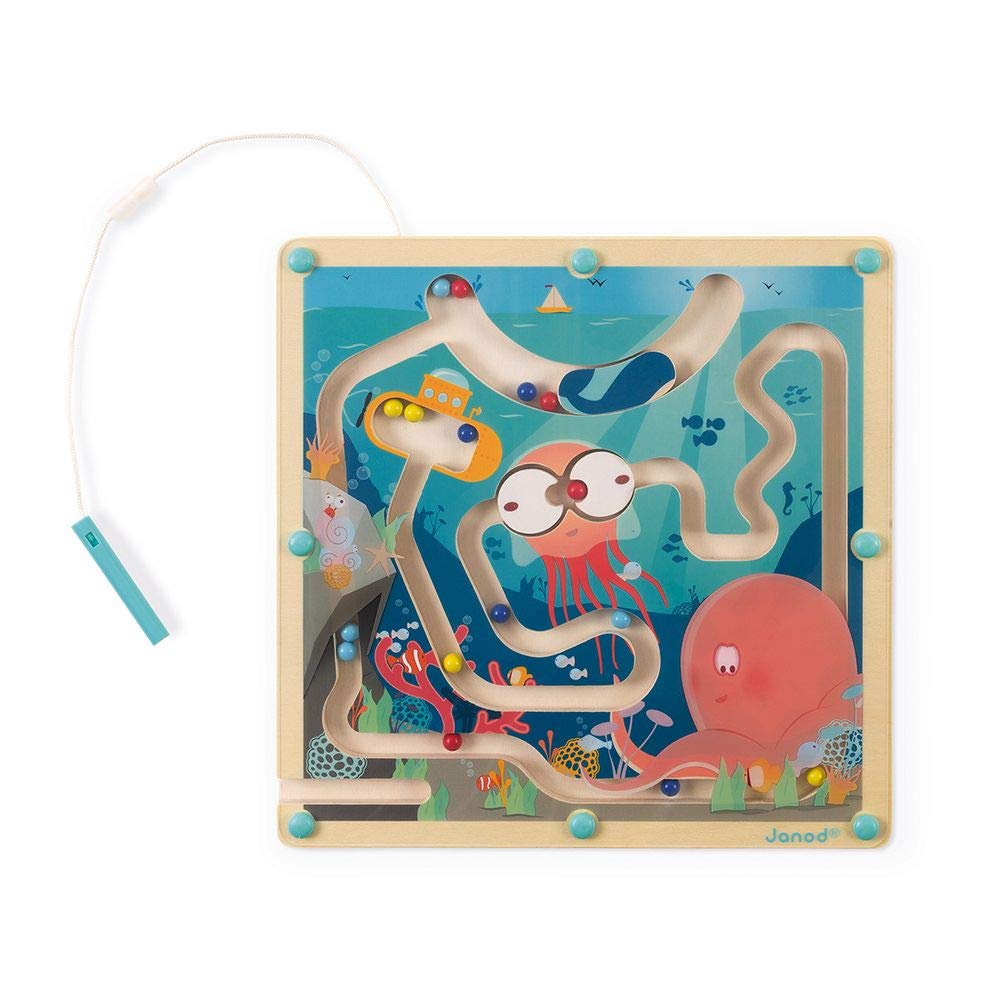Janod - Magnetic Wood Ocean Ball Maze - Teaches Fine Motor Skills Learning and Concentration - Format: 25 X 25 cm - FSC certified - Ages 2 and up. - J05312, White