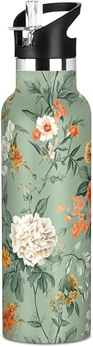Miniatura 15 de Botella de agua deportiva aislada al vacío con diseño de orquídeas y orquídeas y tomillo, mantiene el calor y el frío, con popote a prueba de fugas,