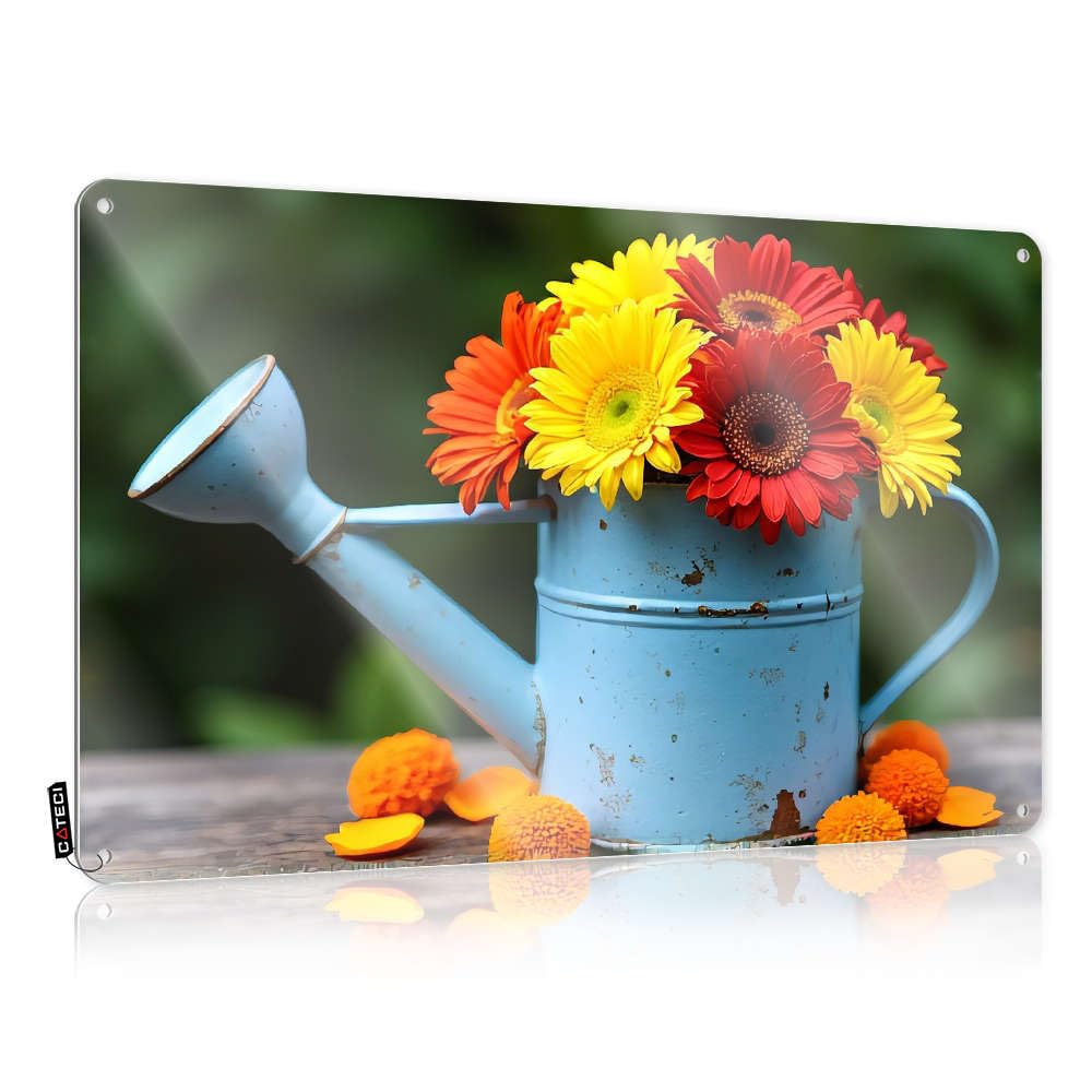A Blue Watering Can With Colorful Flowers. Tinsign Retirement Hanging | Quality Tin Metal Decor Gift For Biker Vintage Metal Wall Decor(20X30CM)