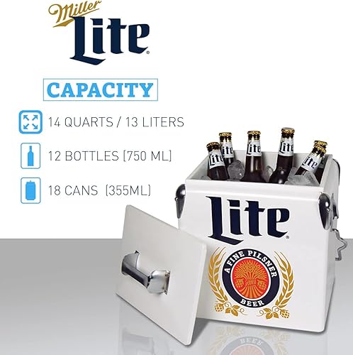 Miniatura 7 de Miller Light - Hielera retro - Cubo de hielo portátil con abridor de botellas, estilo vintage, aislado para acampar, playa, pícnic, RV, parrilladas,