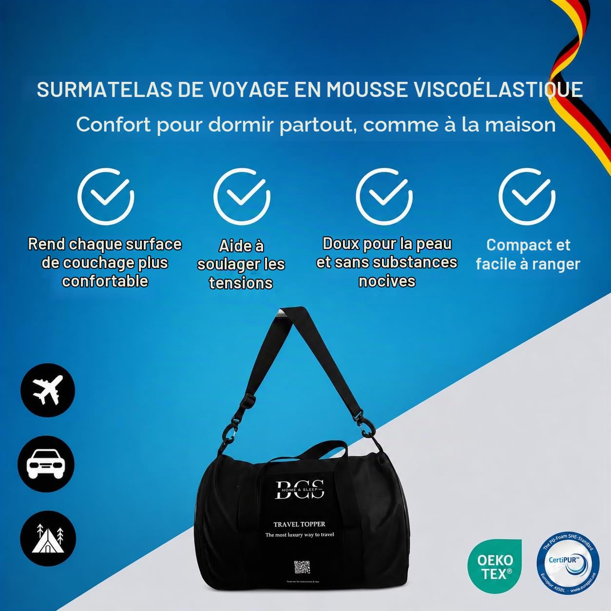 BCS Home&Sleep Matelas Portable de Voyage Pliable 80 x 140 x 5 cm – Surmatelas Confortable en Mousse viscoélastique – Déhoussable et Lavable 40 °C – Léger, idéal pour hôtel, Camping, Avion et Airbnb