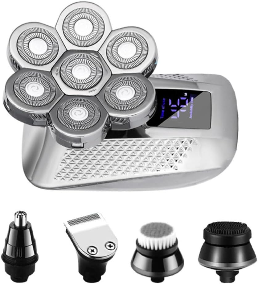 Seven Head Electric Razor for Men Rechargeable Waterproof Shaver | Silver Abs Stainless Steel Build, USB Charging, Bathroom and Camping Use, Compact Design for Easy Carrying