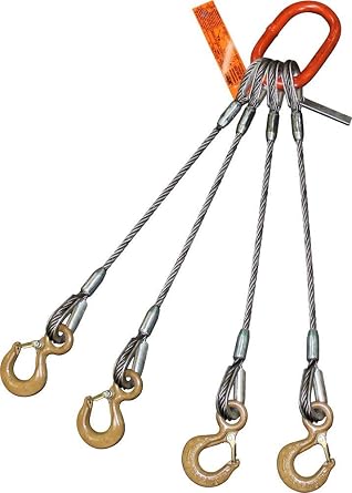 Four Leg Bridle Wire Rope Sling | 2.2 Ton Vertical Rated | Eye Hooks with Safety Latches | 1/4" Dia. | 3 Length | EIPS 6x25 IWRC | Hanes Supply HSI Heavy Duty Rigging Cable for Lifting and Towing