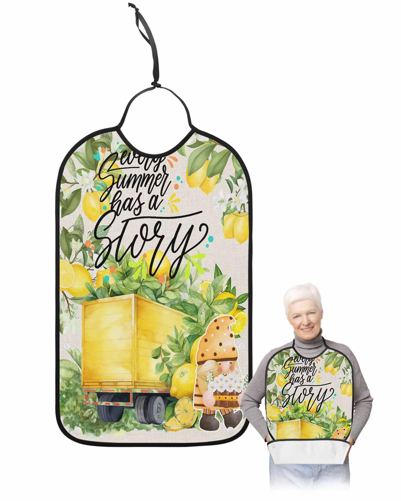 LEOKOTI Summer Lemon Adult Bibs for Eating, Waterproof Bibs with Food Catcher & Adjustable Snap Closure, Yellow Fruits Teal Botanical Gnomes Rustic Washable Clothing Protectors Adult Bibs for Elderly