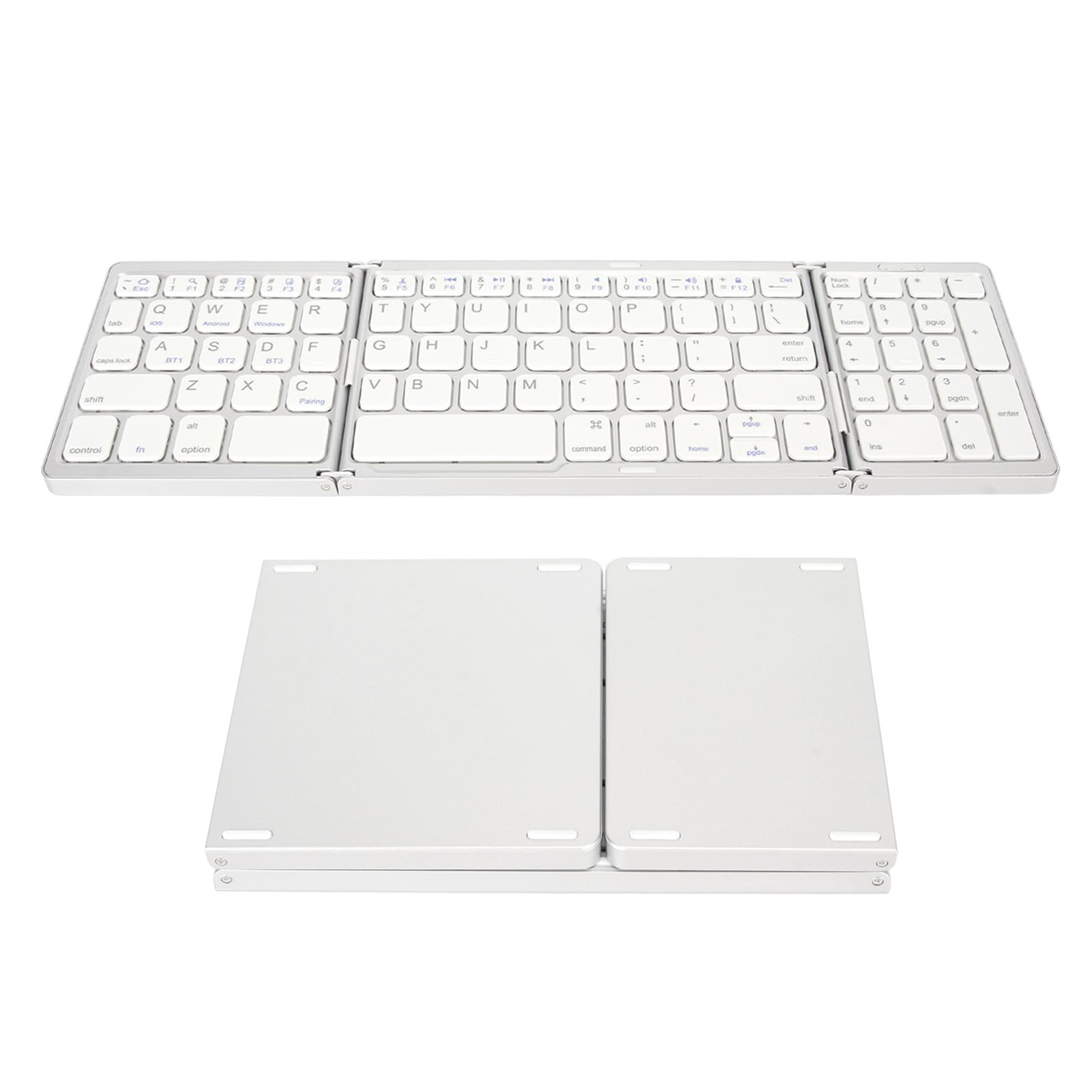 Teclado Bluetooth Plegable de 3 Pliegues, Mini Portátil Inalámbrico, Ultra Delgado Recargable para OSX, Android, (Blanco Plateado)