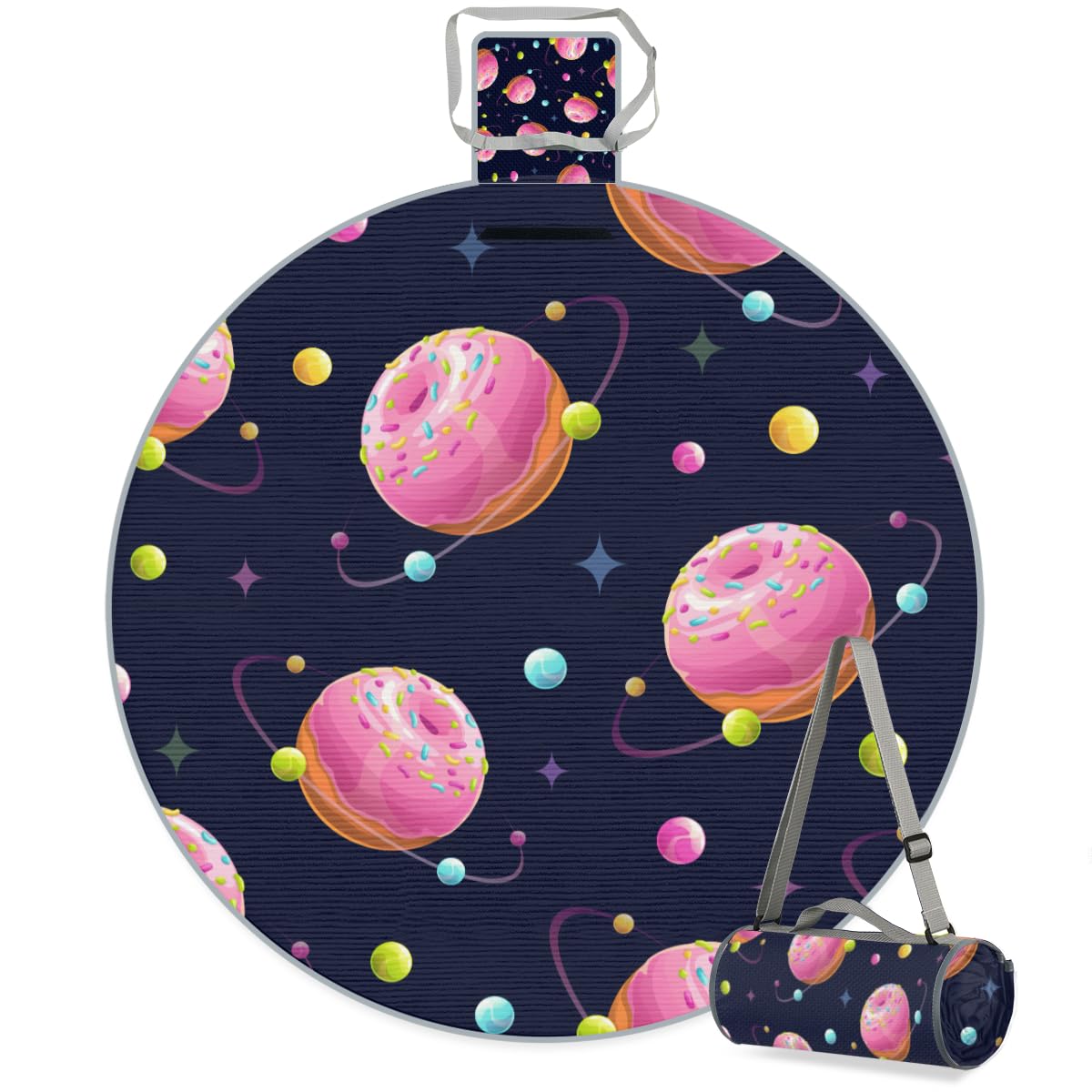 Shimoshe Planet Donuts Picnic Outdoor Blanket Foldable Waterproof Sandproof Beach Blanket Portable Water-Resistant Round Picnic Mat for Travel Camping Park Lawn