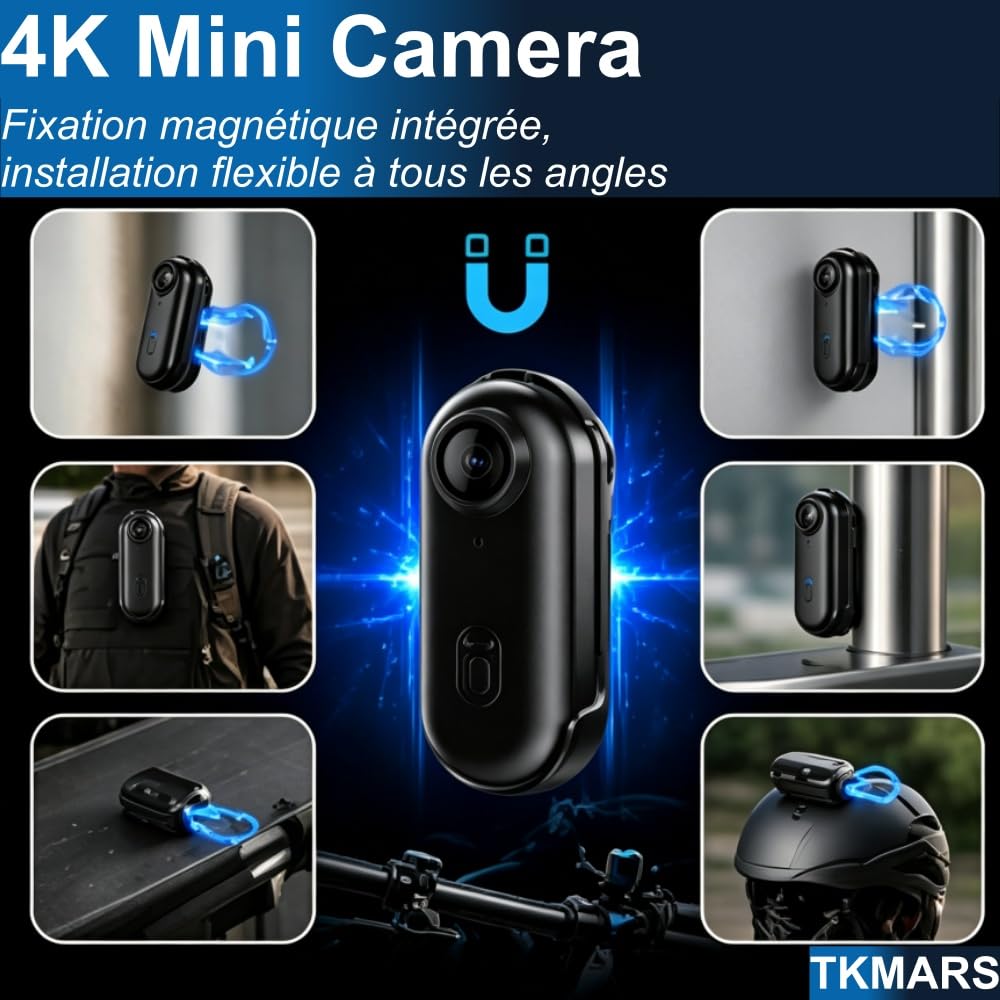 TKMARS Mini Caméra Action 4K, Caméra Sport Portable avec Clip Magnétique 360°, Caméra Moto Casque POV Vlog, Étanche avec Boîtier, Grand Angle 120°, WiFi, Idéale pour Vélo Moto Randonnée