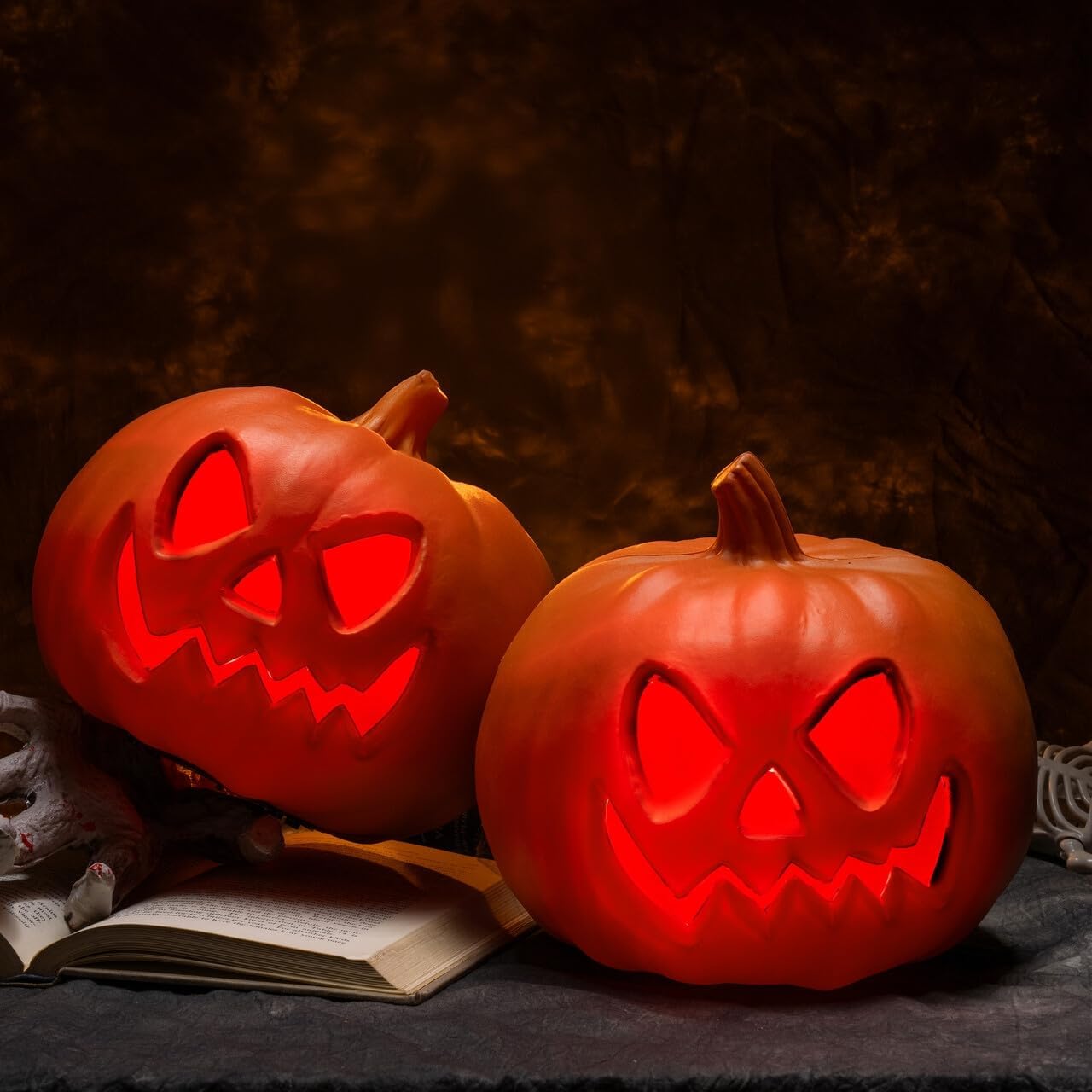 joyin 2 pcs light up plastic pumpkins halloween decorations jack o lantern indoor decor, trick or treat table top party supplies favors for yard lawn garden outdoor porch