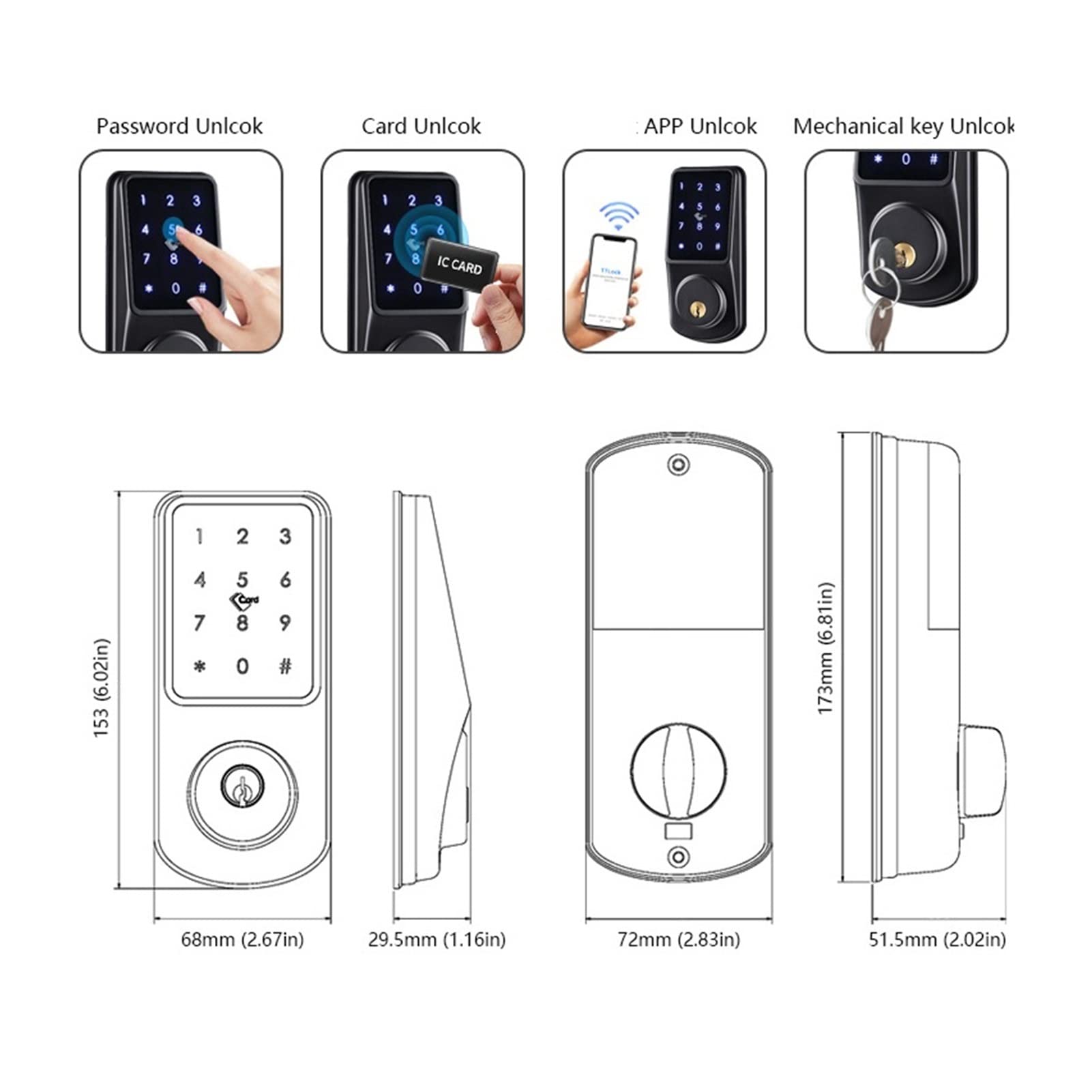 Inteligentny zamek do drzwi, Deadbolt Lock Smart Electronic Door blokuje zdalne odblokowanie App Mądry Ic Karta do domu inteligentnego(Nero)