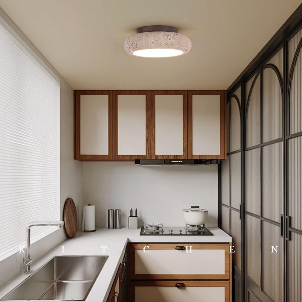 Moderne Wabi-Sabi Deckenlampe,Deckenleuchte Aus Gelbem Travertin Mit Rundem Lampenschirm Aus Stein,Deckenbeleuchtung Im Mid-Century-Stil Für Schlafzimmer, Wohnzimmer, Kücheninsel Und Flur(15cm)