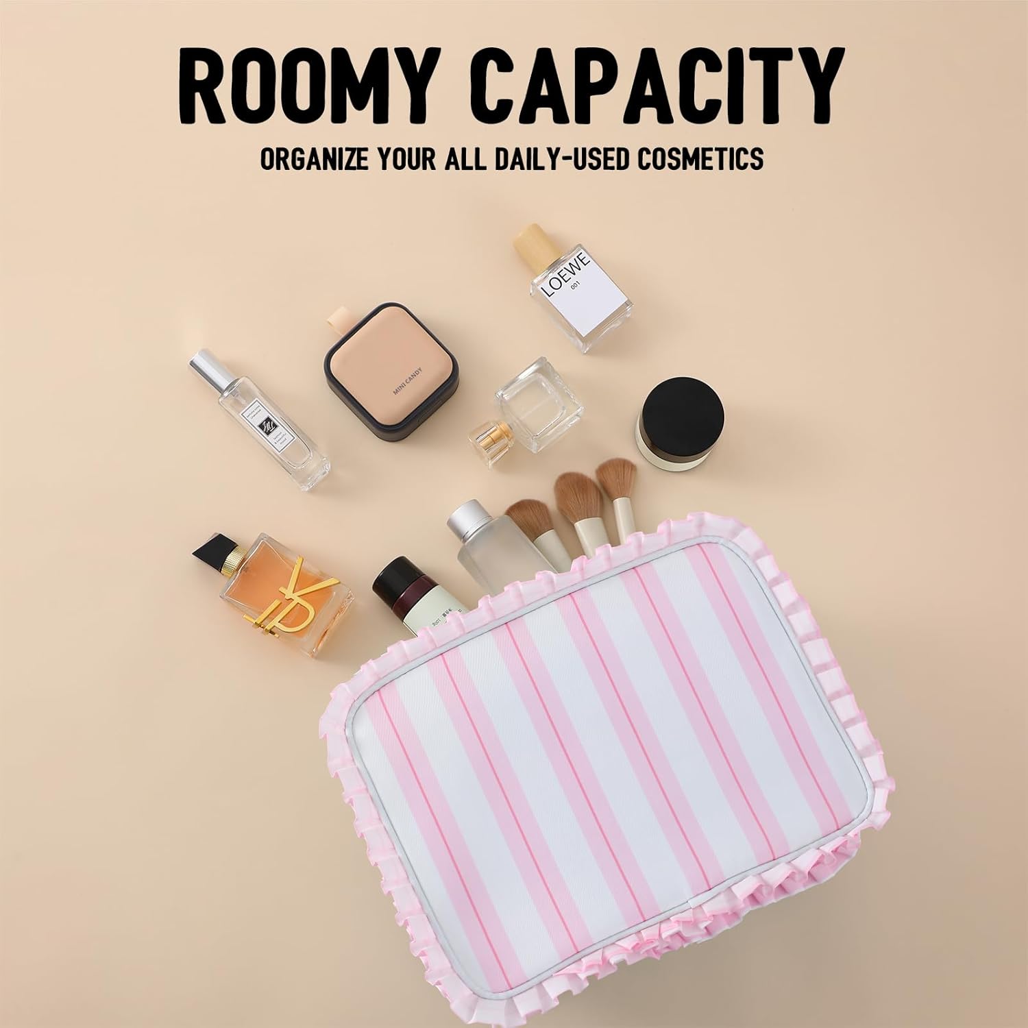 Stripe Ruffle Makeup Bag,Large Travel Cute Cosmetic Bag for Women Girls,Toiletry Bag Make up Organizer 11.8 x 4.7 x 9 inch (Pink Stripe) - Image 3