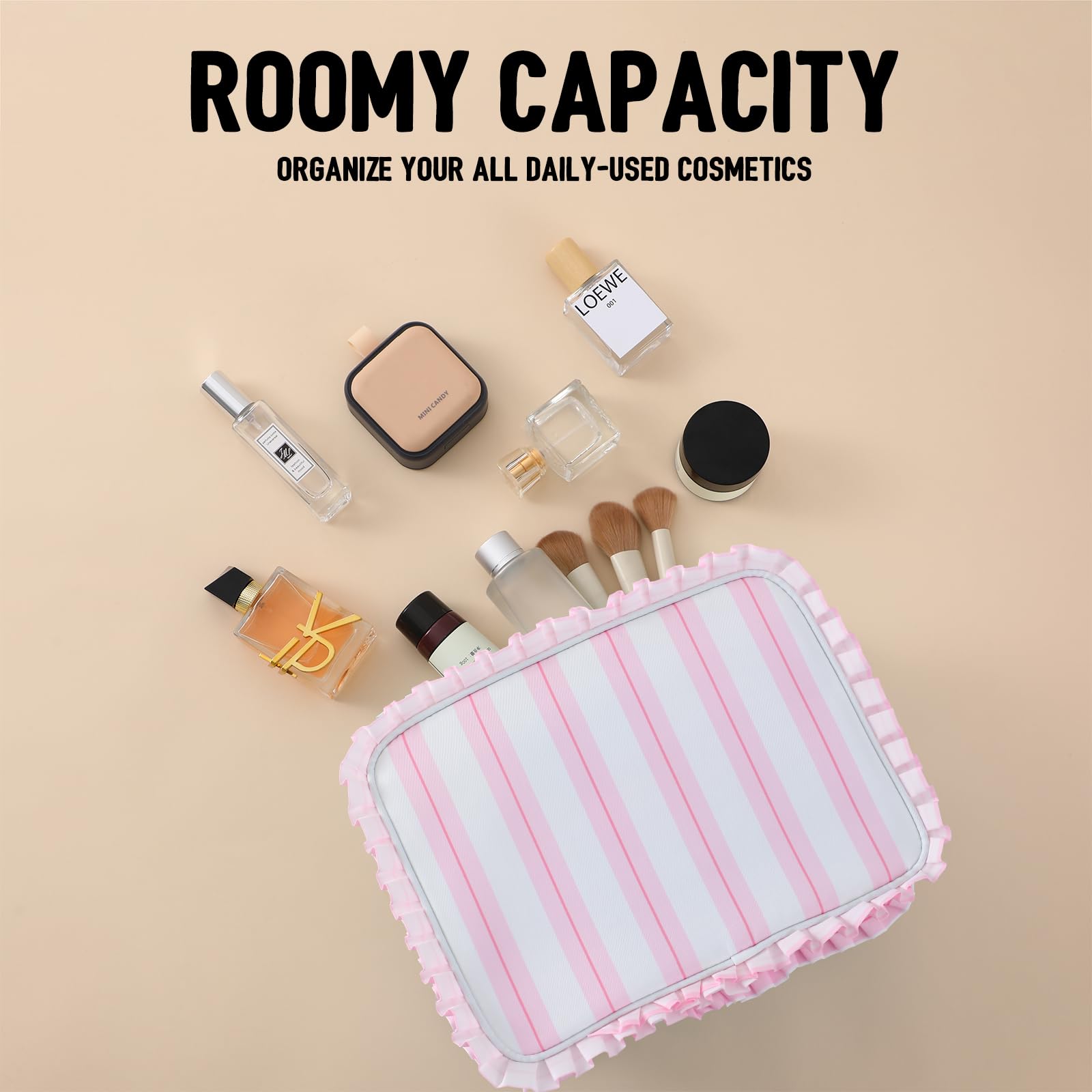 Ruffled Makeup Bag with Zipper Closure, Large Capacity Travel Organizer