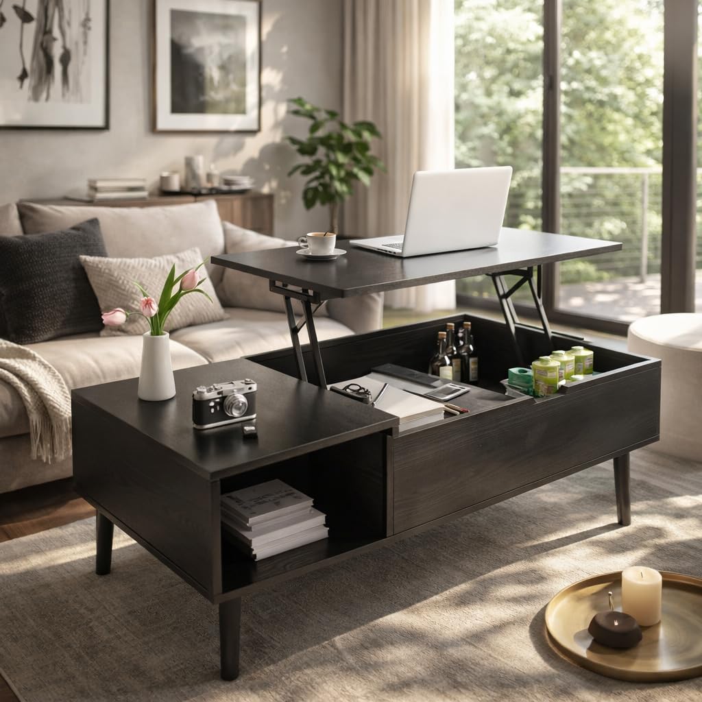 DUMOS Coffee Table, Height Adjustable, Quality Living Room Table, Multifunctional Coffee Table, Extendable, Coffee Table with Storage Space, Suitable for Living Room, Bedroom, Office ⟮Black⟯