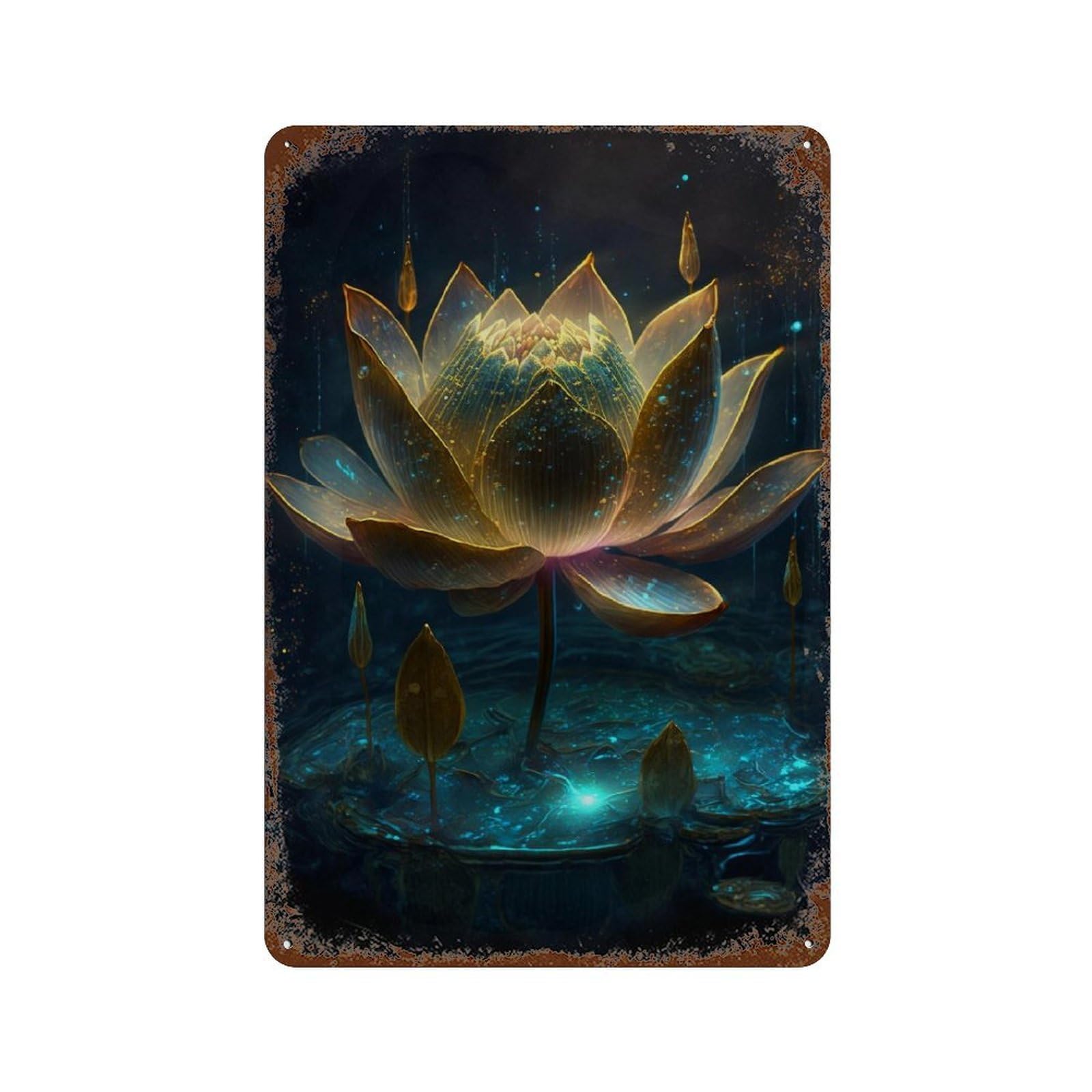 Glowing Lotus Pond 11.8"x7.9" Distressed Metal Wall Sign, Industrial Home Decor for Patio, Garden Room And Bar Decor