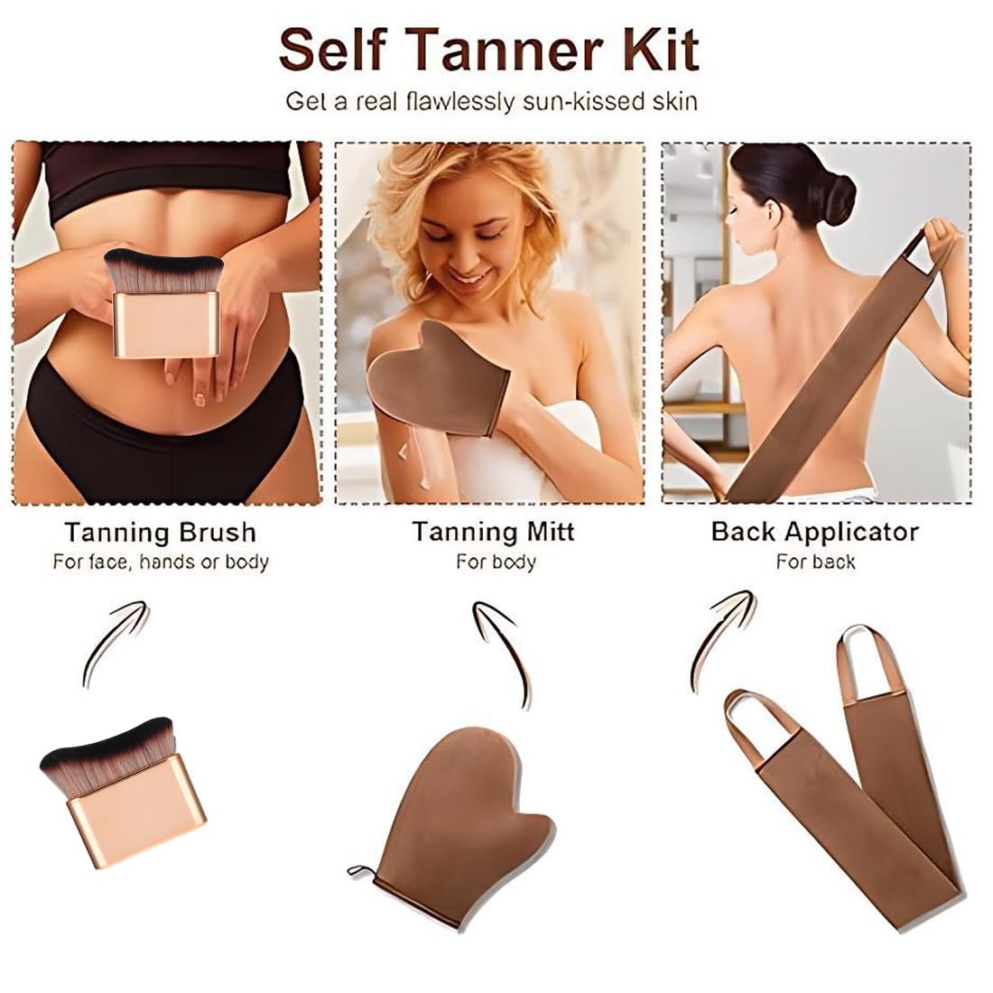 YUZNA Set Applicatore Autoabbronzante 3 in 1 - Guanto per Self Tan, Pennello per Abbronzatura e Strumento per Applicazione sulla Schiena