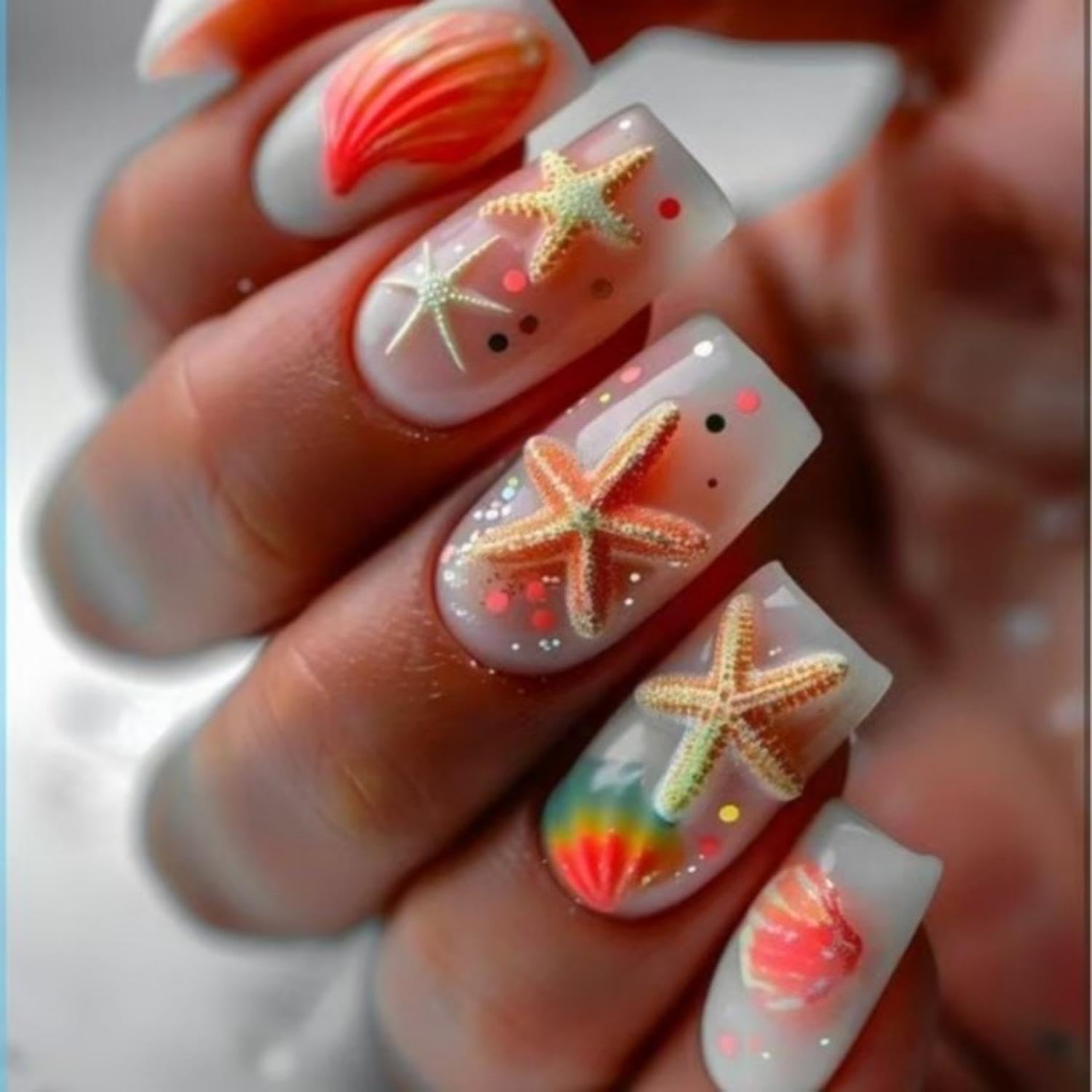 Summer Press on Nails - Medium Square Shell Design