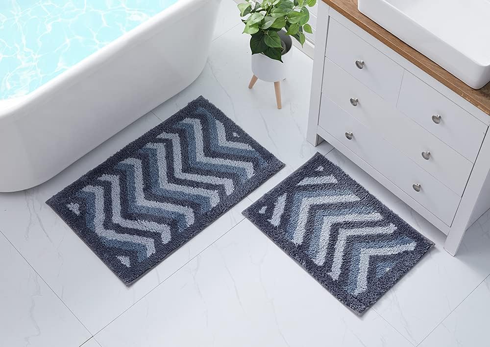 Hearth & Harbor Bathroom Rugs, Shaggy Plush Bath Mat, Ultra Soft Non Slip Backing Rubber, Chevron Design Bath Rug, Blue/Grey, 2 Piece Set
