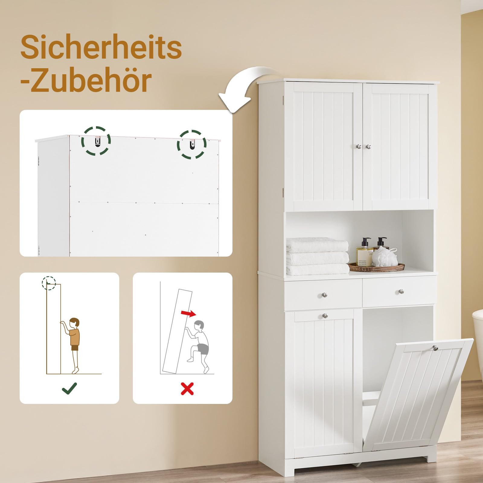SoBuy Badezimmerschrank Schmal Hochschrank 78x38x181cm Badmöbel aus PB | Mit 2 Wäschekörben & 2 Schubladen Offenem Regal für Kleine Badezimmer BZR215-W