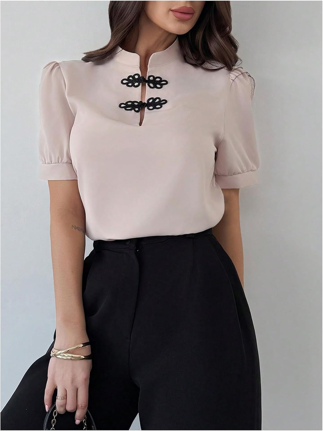 WDIRARA Women's Button Down Puff Short Sleeve Blouse Mock Neck Top Elegant Shirts - Image 4