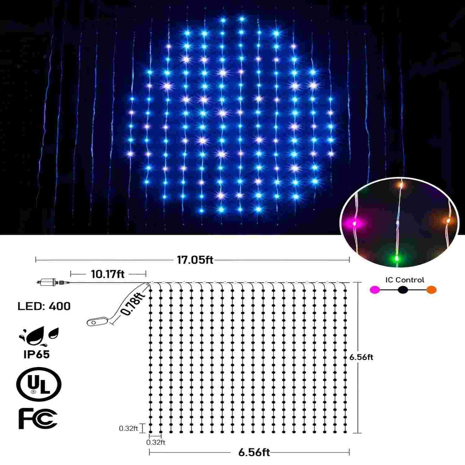 Smart LED Vorhanglicht, App-steuerbar mit 400 LEDs, RGB Farbwechsel & Dynamische DIY-Muster, IP65 Wasserdicht, Für Weihnachten, Party, Hochzeit, Schlafzimmer.（2x2M）