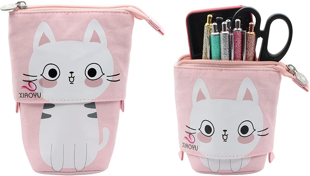 XIAOYU Telescopic Pencil Case Stand Up Pencil Bag Cute Animal Pencil Holder Canvas Cartoon Stationery Pouch Makeup Bags, Pink