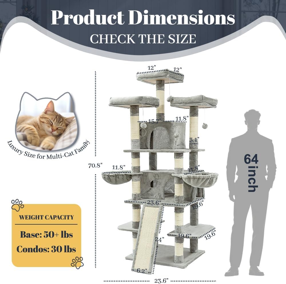 FOOWIN 68 Inches Big Multi-Level Cat Tree, Tall Multi-Cats Tower with 2 Big Cat Condo &Cat Hair Brush, Large Cat Tree with 3 Padded Plush Perches & Scratching Posts for Kittens (Light Grey)