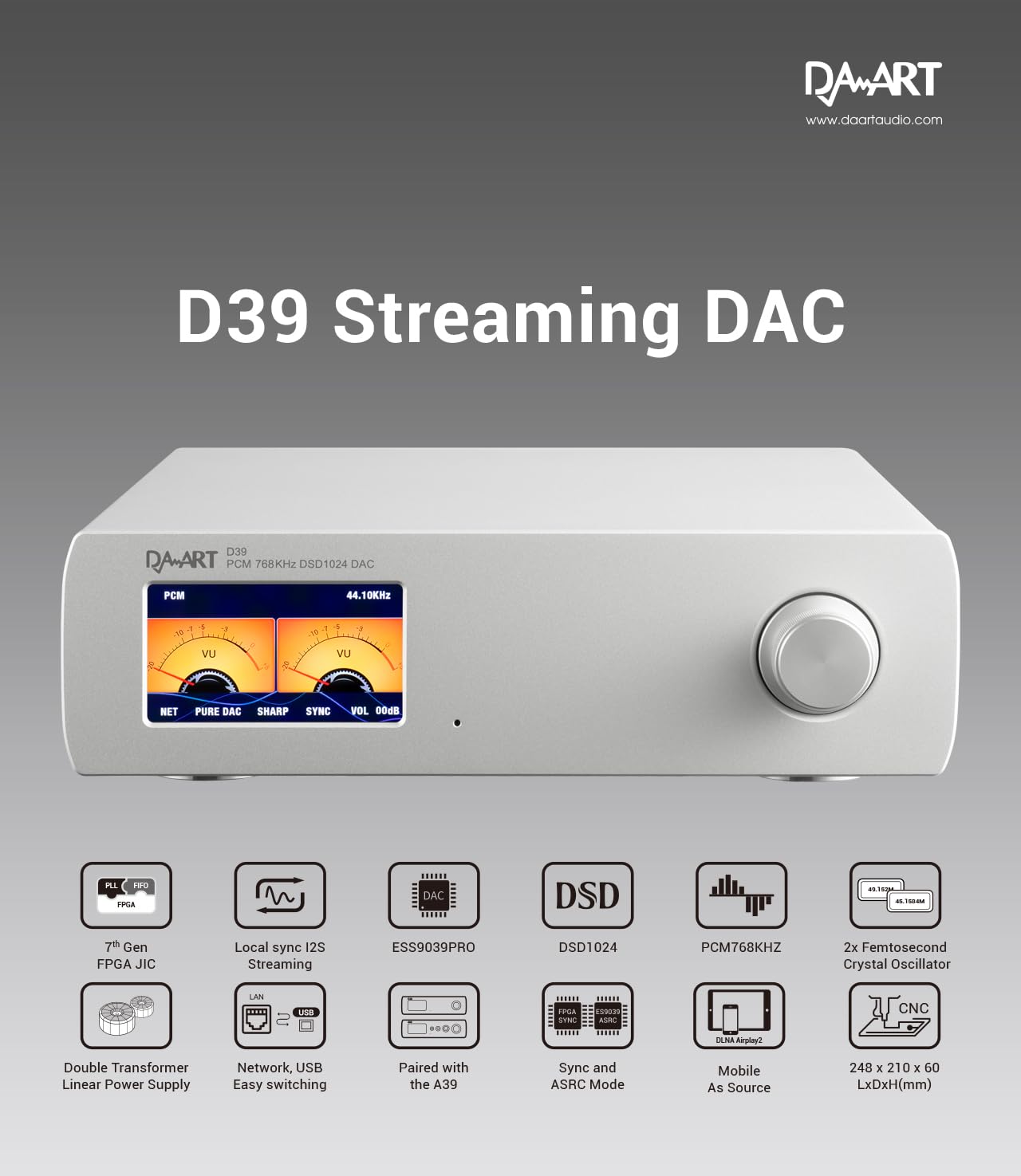 DAART Yulong D39 Network Streaming DAC High Technical Performance Decoder DSD1024 PCM768KHZ ESS9039PRO (Silver)