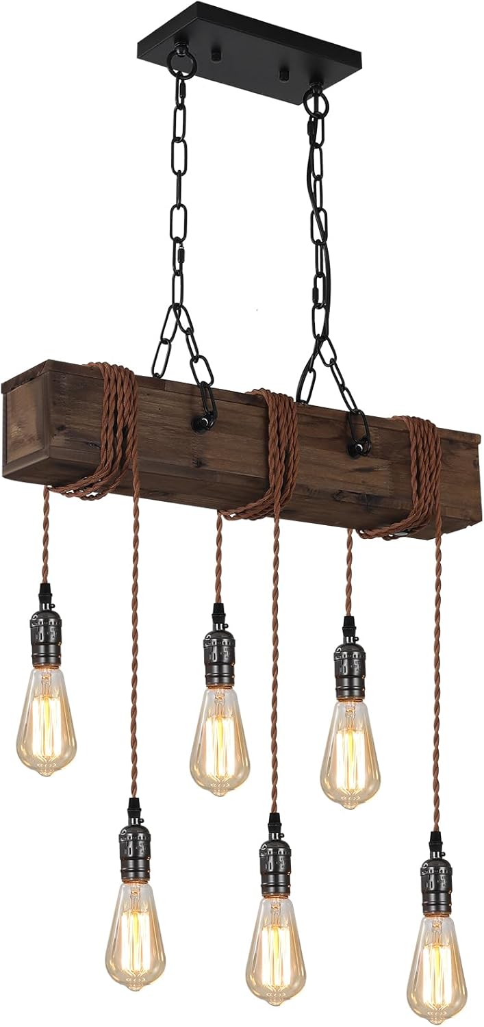 KEESFU 6-Lights Dining Farmhouse Chandelier, Farmhouse Wooden Ceiling Pendant Light, Height Adjustable, Rustic Chandelier for Kitchen Island Dining Room Bar Pool Table Cabin.