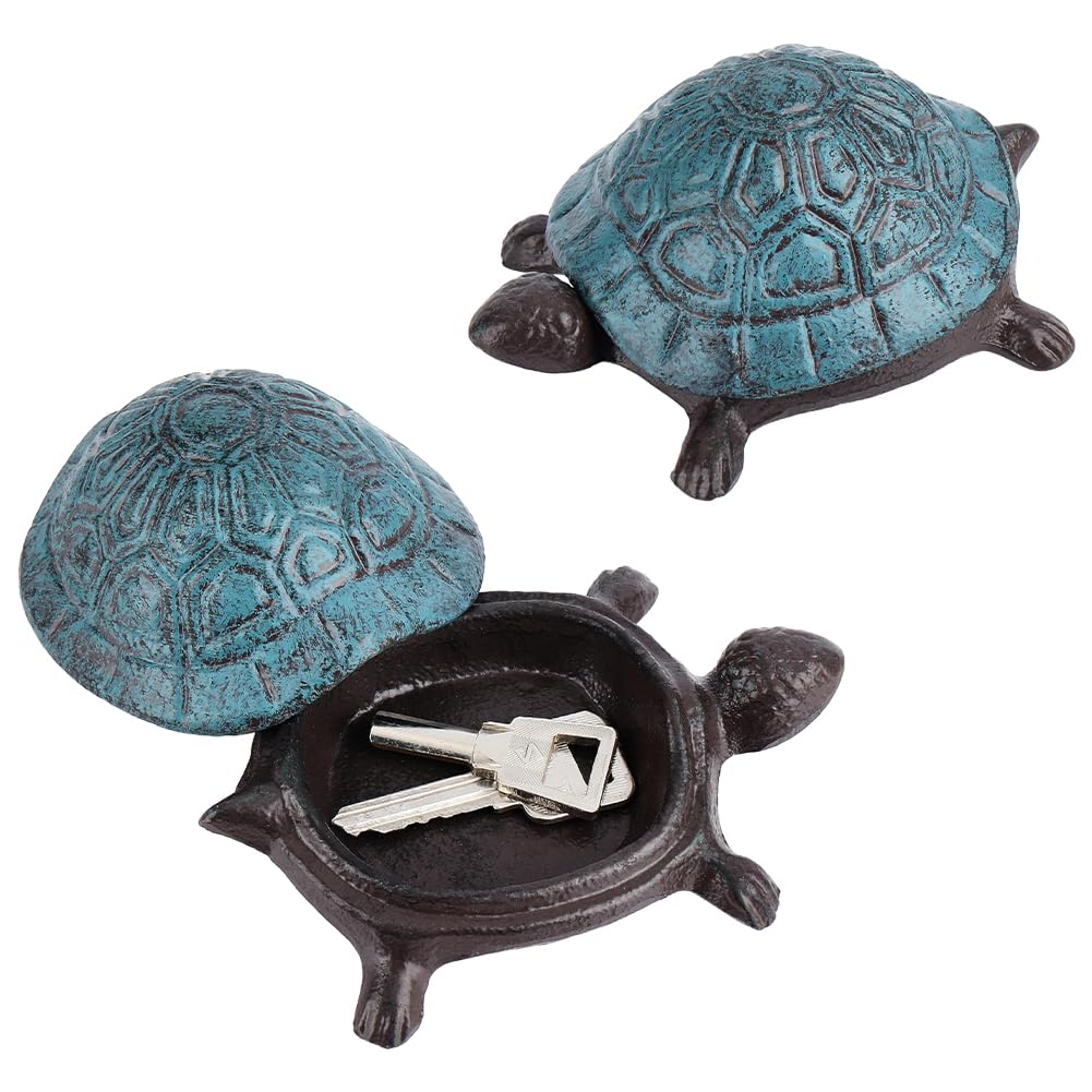 AHANDMAKER Turtle Key Hider Garden Spare Key Holder Iron 4x3in Secret Storage Box Decorative Garden Statue for Outdoor Garden Yard Hide Keys Decoration, Steel Blue