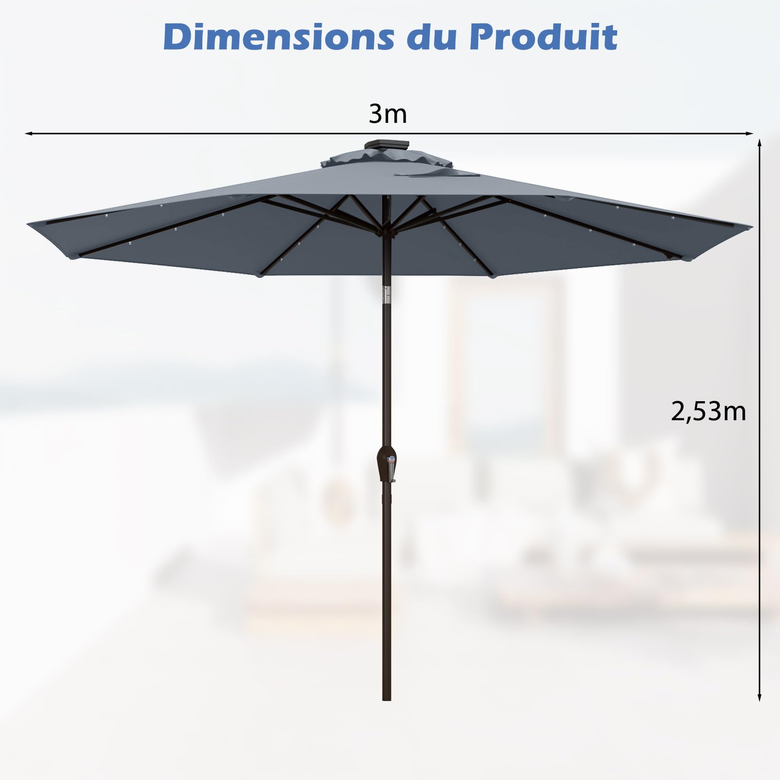 RELAX4LIFE Parasol Inclinable LED 3M à 8 Baleines en Fibre de Verre, Gris