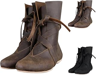 Mittelalterliche Renaissance-Schlupfstiefel Für Männer,Retro Mittelalter Schnür Punk Stiefel Ritter Stiefel Weich Bequem Schnürschuhe Leder Freizeitschuhe Gepolstert Flacheschuhe rutschfest
