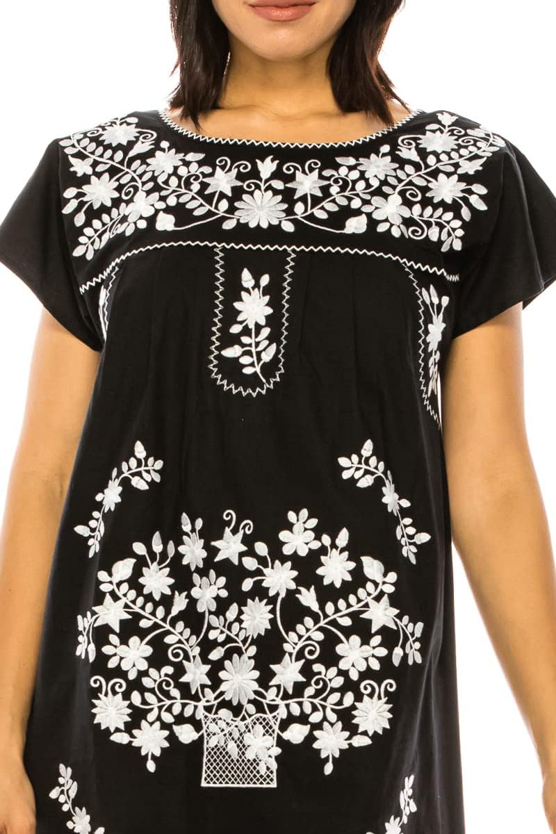 unik Women Embroidered Traditional Mexican Bohemian Long Casual Dress