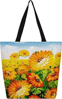 Sacola de lona para mulheres, pintura a óleo de flores, girassol, sacolas grandes para homens com bolsos, sacolas de compras resistentes, sacolas de compras reutilizáveis, bolsa de ombro casual para escola, trabalho, praia, Multicor