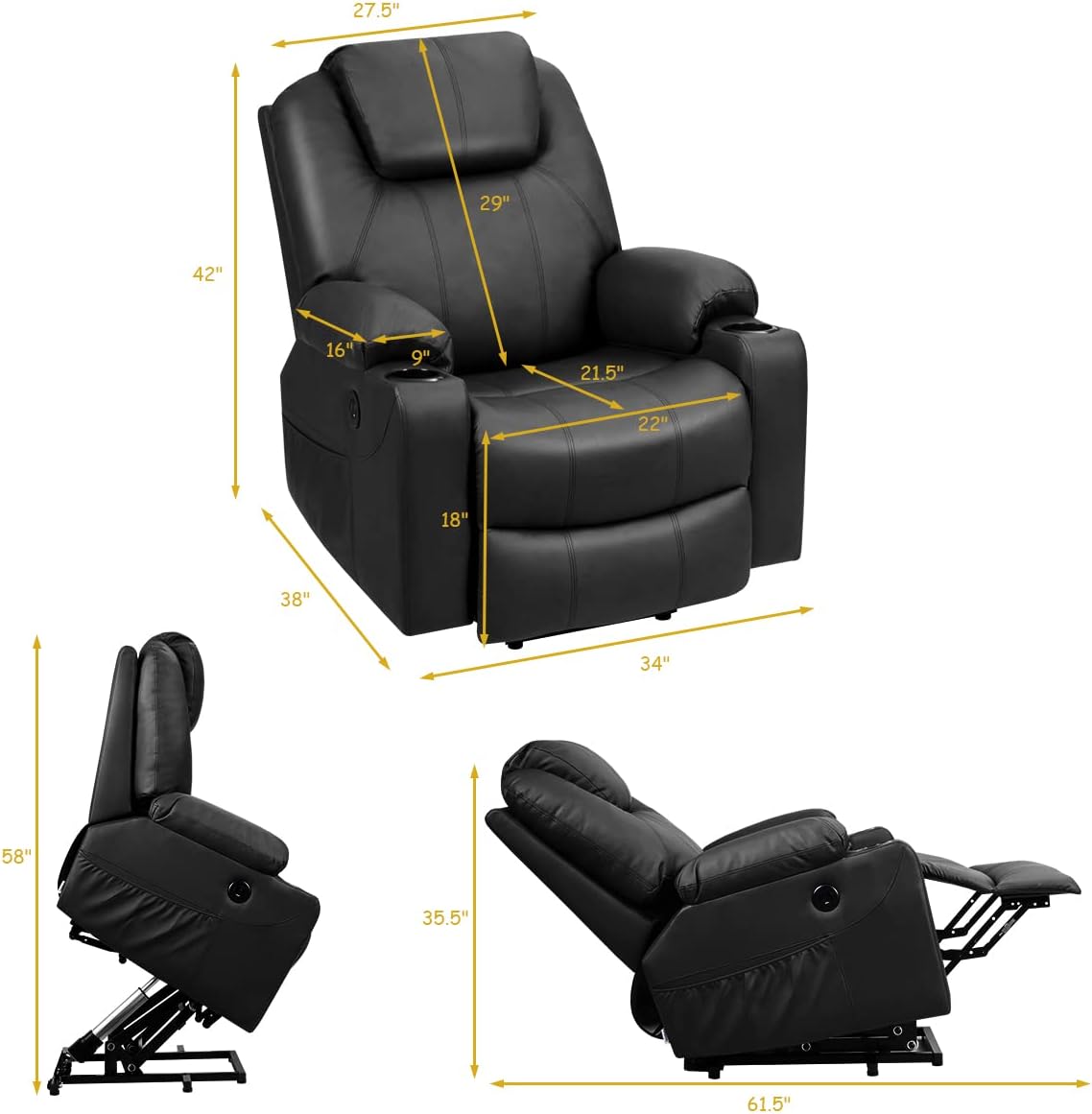 DORTALA Power Lift Recliner Chair, Multifunction Electric Recliner with 2 Side Pockets & Cup Holders, 3 Positions Massage, USB Port, Heating Electric Faux Leather Lift Chair for Elderly (Black)