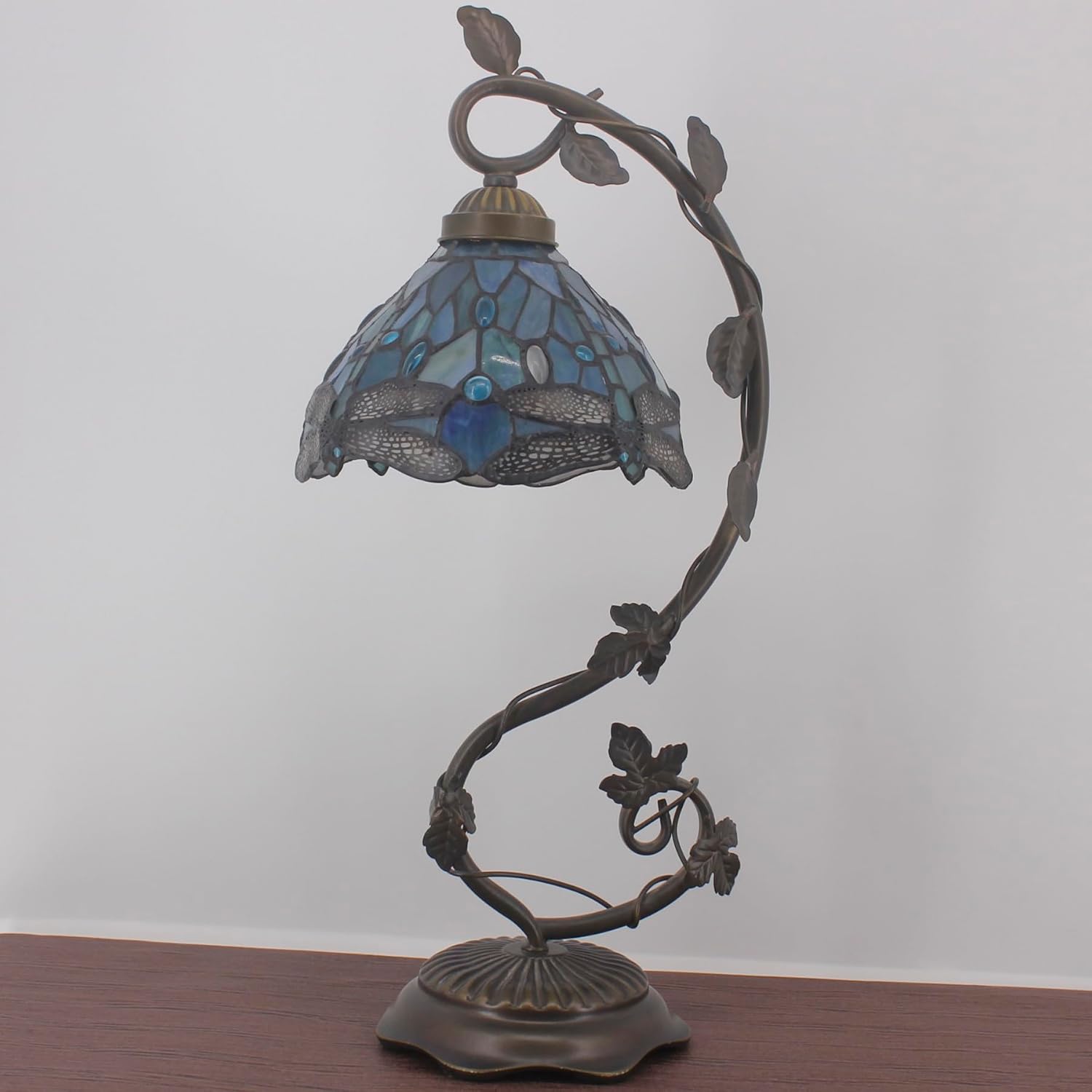WERFACTORY Tiffany Lamp Sea Blue Stained Glass Dragonfly Style Desk Reading Light, Metal Leaf Table Lamp Base 8X10X21 Inches Decor Small Space Bedside Bedroom Home Office S147 Series