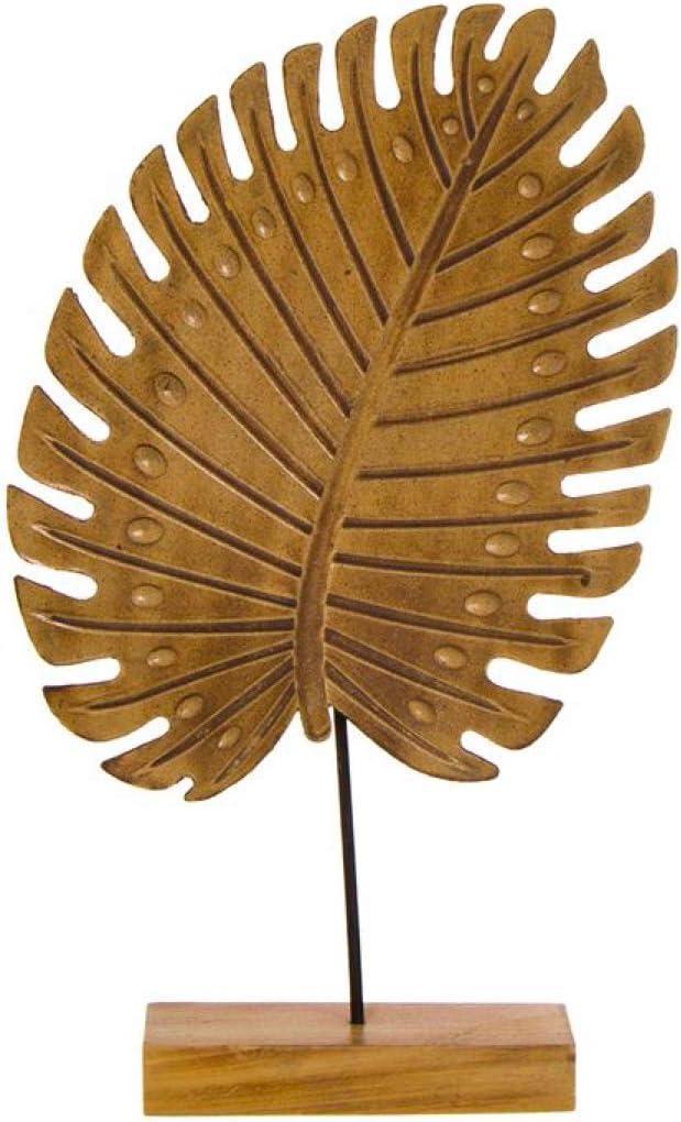 Eideo Home Figurine Décorative Feuille sur Socle, Marron, Bois, 29 cm
