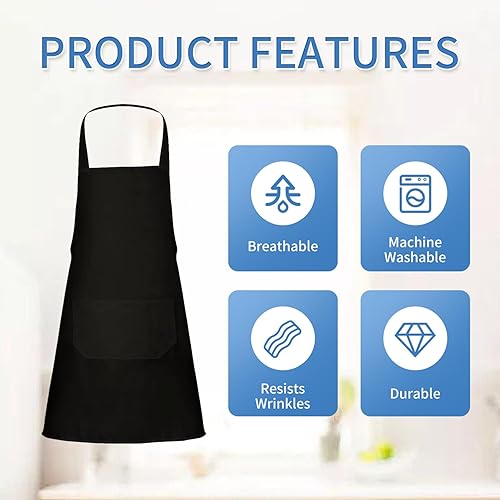 Miniatura 3 de Paquete de 81224 delantales lisos a granel, delantal comercial negro con 2 bolsillos, delantal unisex para adultos, pintura y barbacoa