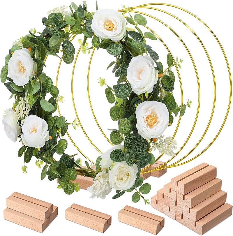 Aeetial 12 Inch Metal Floral Hoop Wreath Macrame Large Hoop Centerpiece with Stand Craft Hoop Rings Round Dream Catcher Rings for DIY Wedding Wreath Table Decors Centerpiece 10 Sets (Golden)