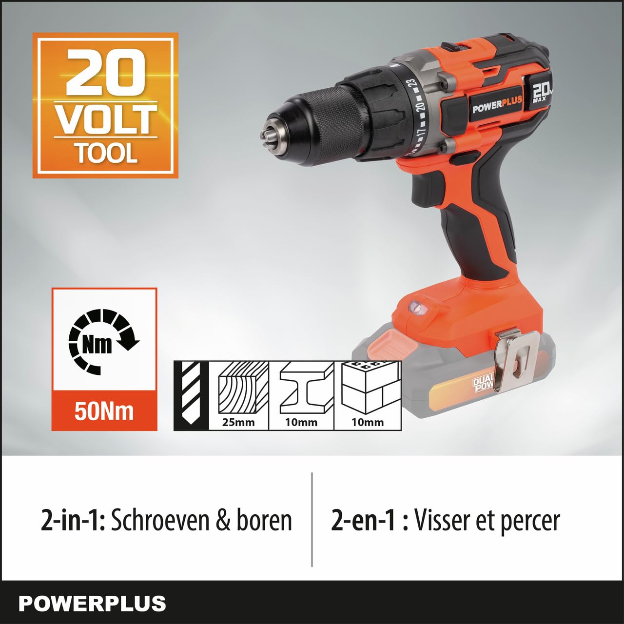 Wiertarka akumulatorowa Dual Power POWDP15100 - śrubokręt 20V, bez baterii litowo-jonowej 20 V, ładowarka, walizka na narzędzia