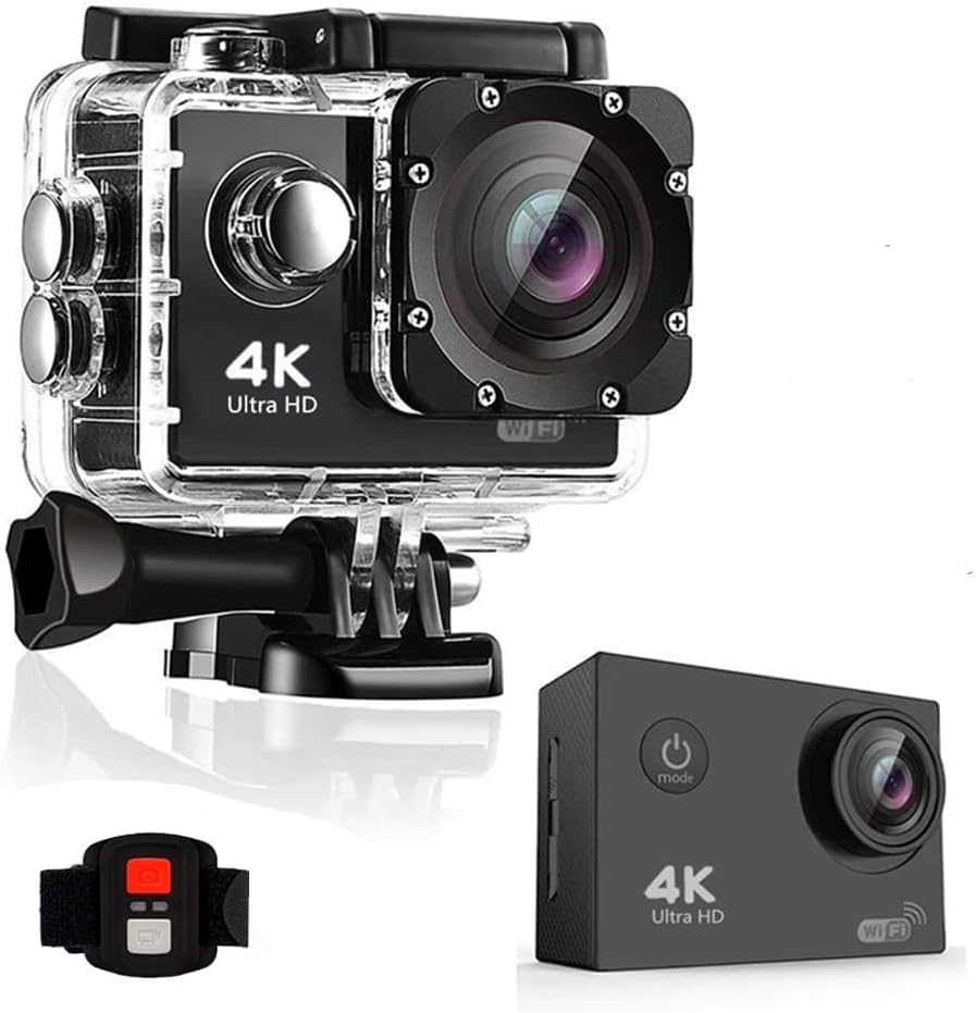 BSLVWG Cámara de acción 4K, 20 MP, WiFi, 30 m, impermeable, cámara deportiva para Vlog con Ultra HD 170° gran angular de 2,4 G, mando a distancia, pantalla LCD de 2,0 pulgadas, con kit de accesorios