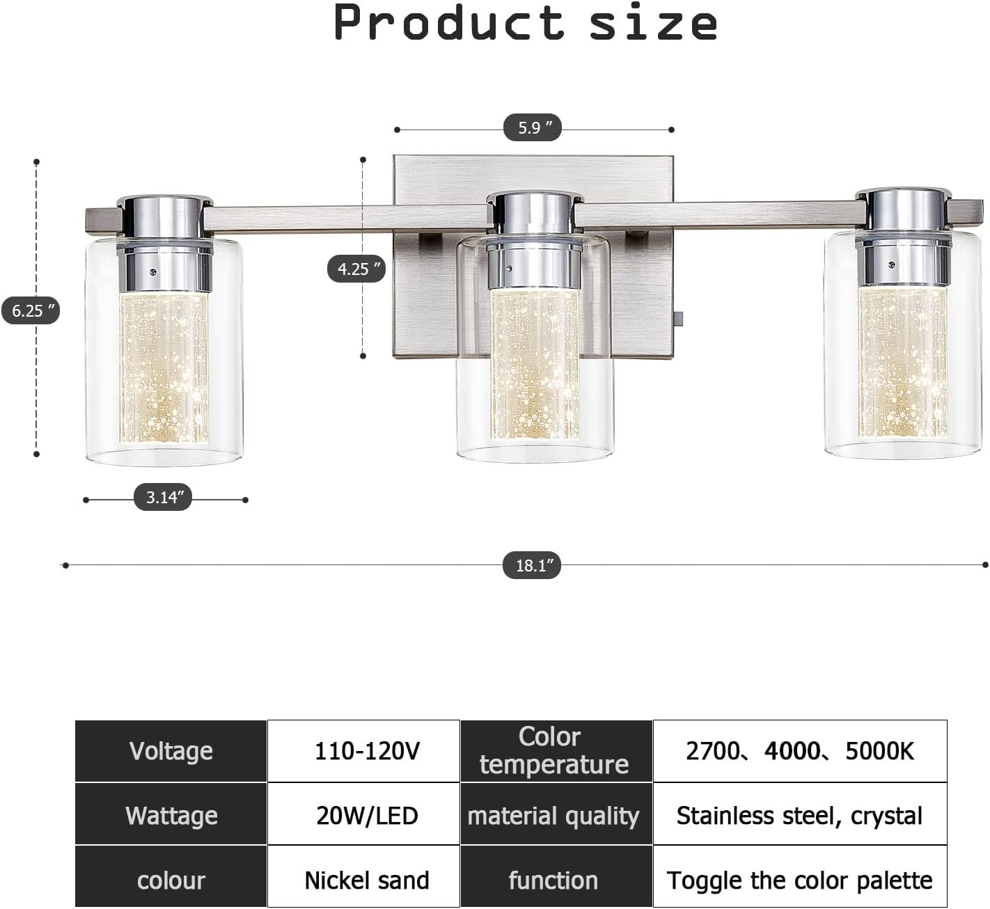 Eatich Bathroom 3 Light Brushed Nickel Vanity Light, Bathroom Light Fixtures Over Mirror, Dimmable Crystal LED Vanity Lights with Crystal Bubble Glass for Bathroom - 