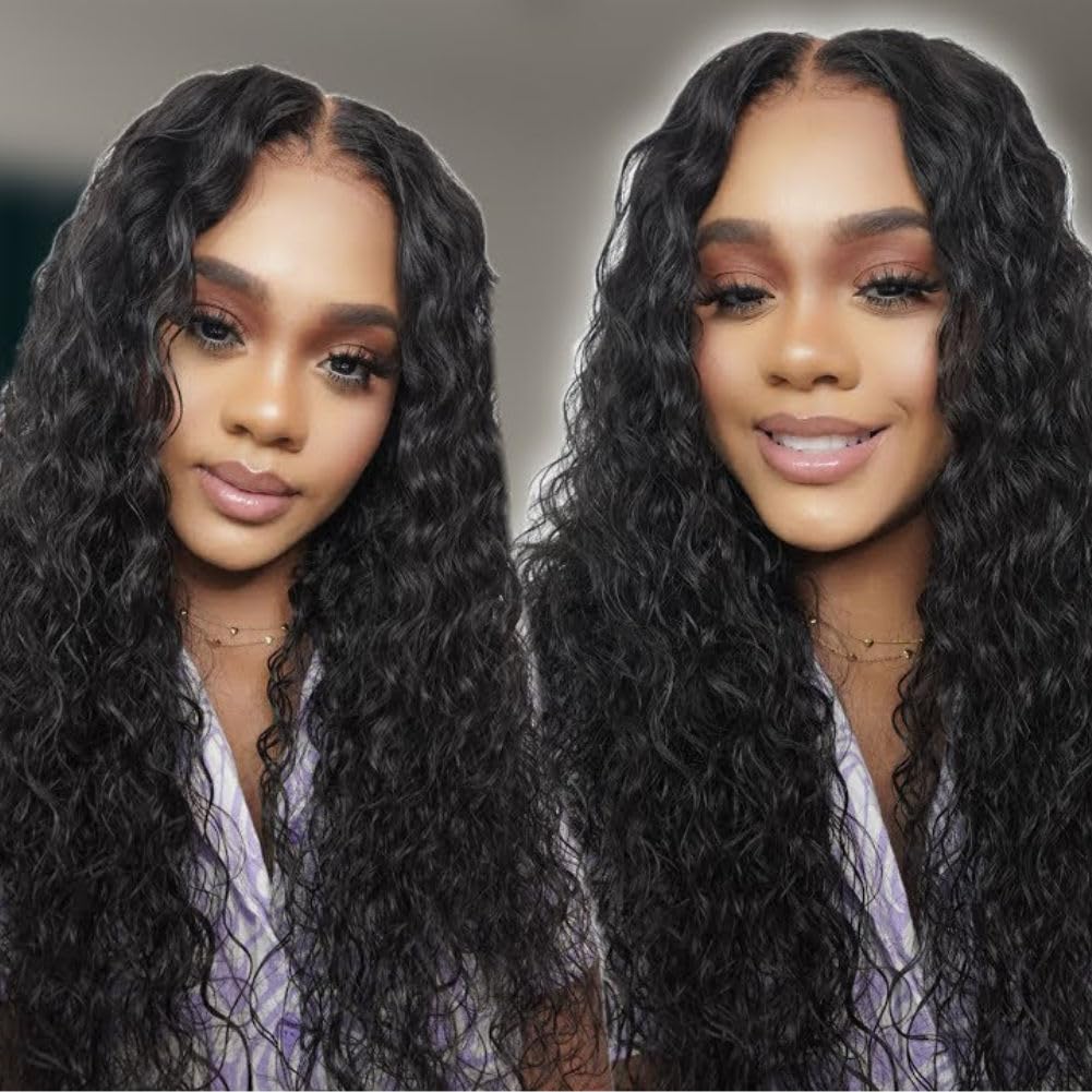 Beauty Forever Bye Bye Knots Water Wave Glueless Wigs Human Hair Pre Plucked Pre Cut 7x5 Wet and Wave Lace Front Drawstring Wig Pre Bleached Knots with Baby Hair Beginner Friendly 180% Density 22 Inch