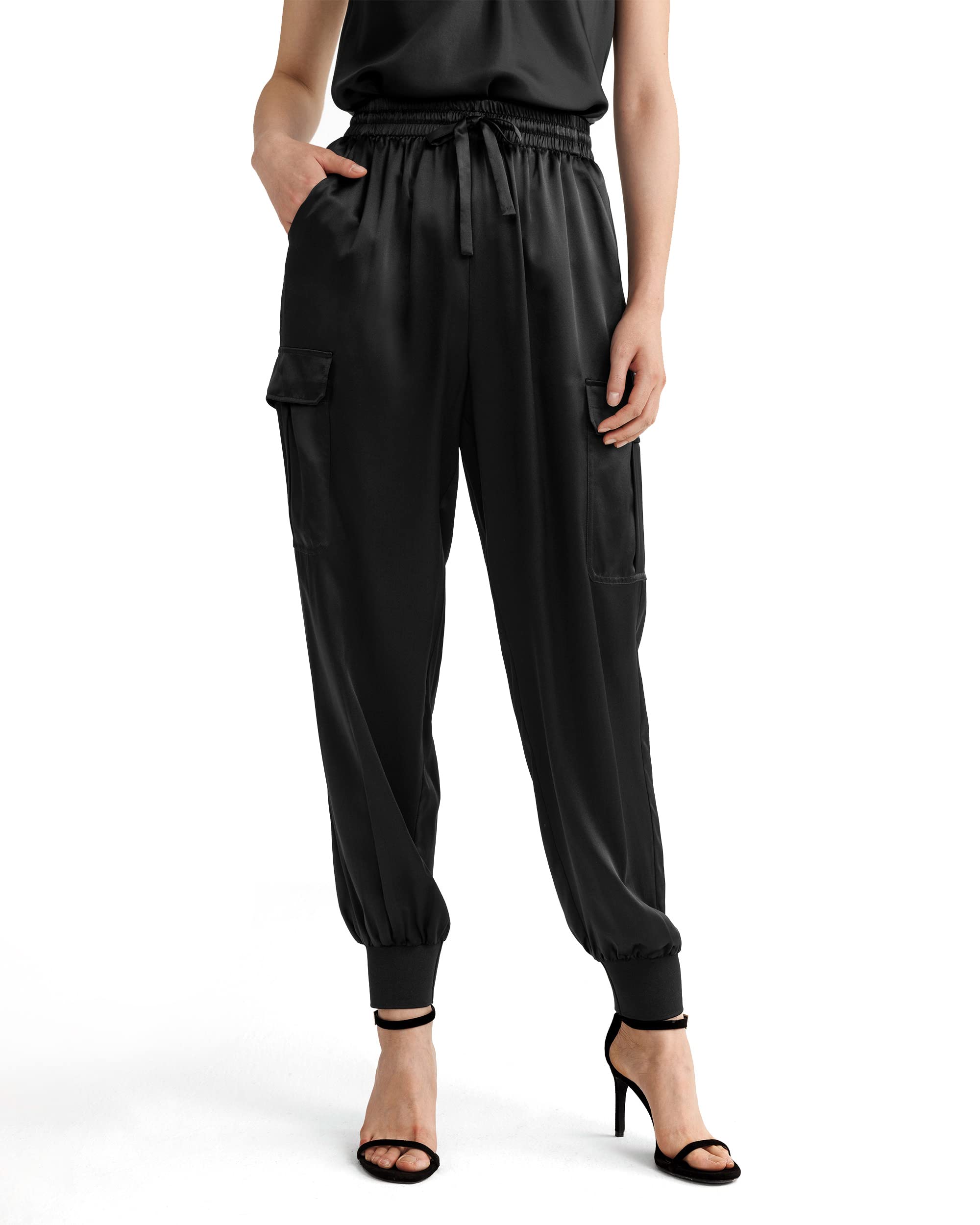 LilySilk Silk Cargo Pants Women Stretch Ribbed Cuffs Side Pockets Casual Soft Relaxed Fit Trousers for Ladies