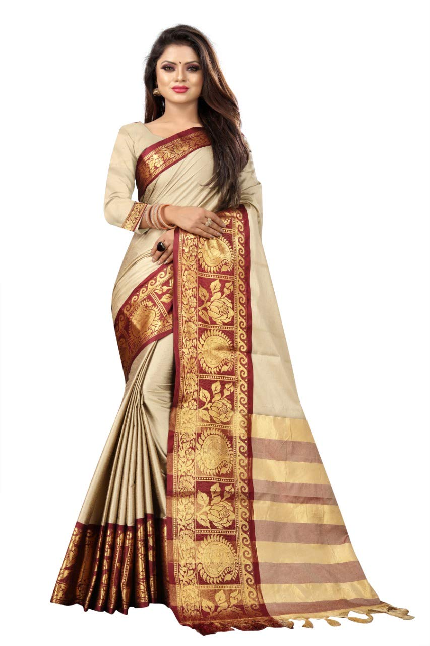 Vanshi Creation Women's Cotton Silk Saree with Unstitched Blouse Piece (Beige)