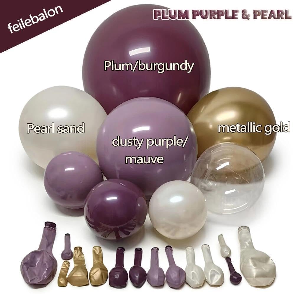 Dusty Purple Gold Balloon Arch Kit Double Stuffed Plum, Dark Lavender, Pearl White Sand Balloon Garland with Clear Bobo for Birthday Bridal Baby Shower Mothers Anniversary Graduation Party Decoration