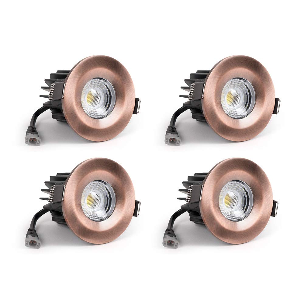 4 Pack - Antique Copper CCT Fire Rated LED Dimmable 10W IP65 Recessed Ceiling Downlight | for Bathroom, Bedroom, Kitchen Lighting
