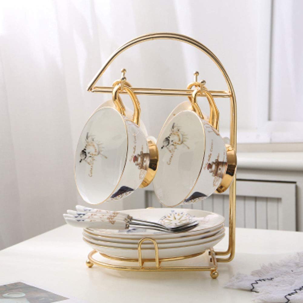 Service à thé 15 pièces en porcelaine européenne avec support en métal, motif rose, tasse vintage en céramique, sucrier, théière, tasses pour la maison (D)