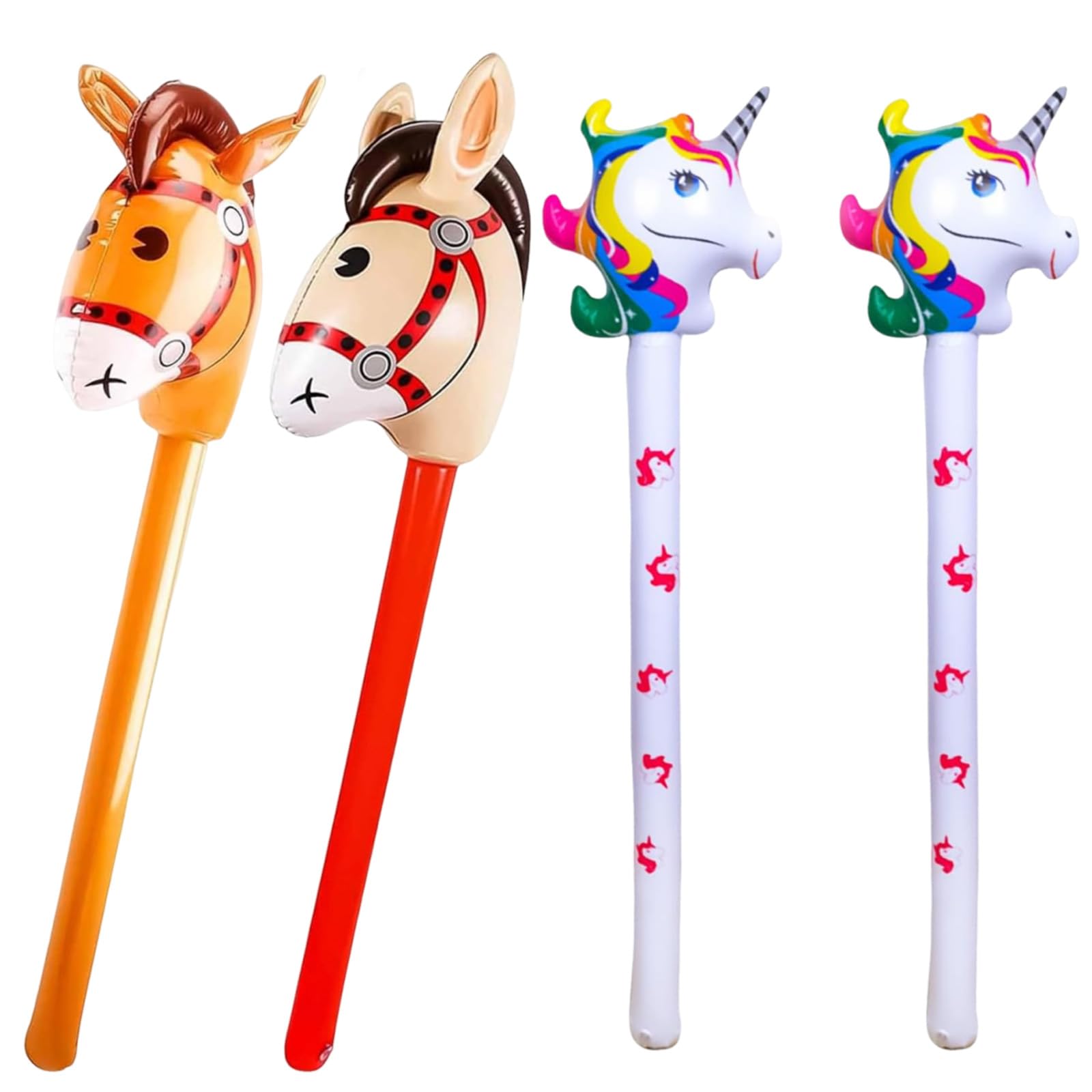 4-Piece Inflatable Hobby Horse Stick Balloon Set with Unicorn and Horse Head Designs, Auto-Sealing Foil Mylar Handheld Kids Toy for Cowboy Themed Party Decorations and Favors