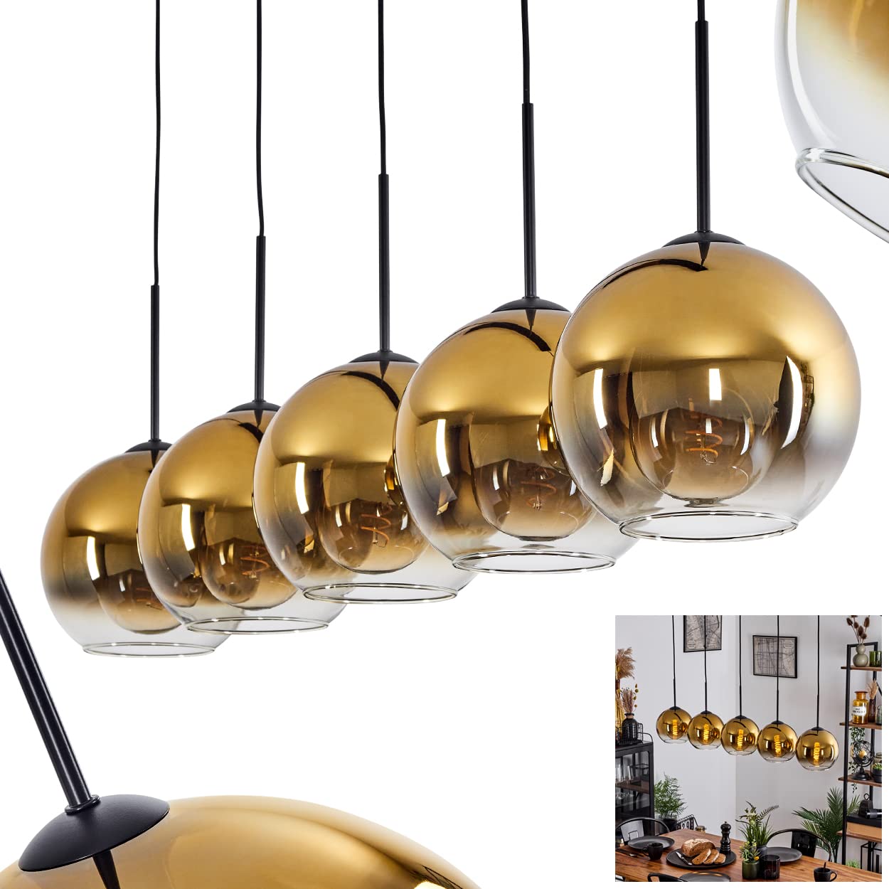 Koyoto Hanging Light, Hanging Light Made of Metal/Glass in Black/Gold/Clear, 5-Flame lamp in Vintage/Retro Design with Glass lampshades (Ø 20 cm), Height max. 152.5 cm, 5 x E27, Bulbs not Included